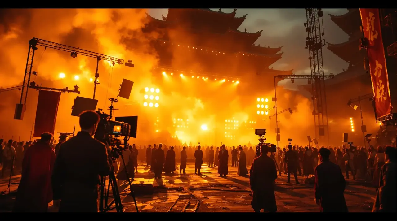 精彩视频城摄影棚全景，古风宫殿与片场灯光交相辉映